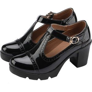 DADAWEN Women's Classic T-Strap Platform Mid-Heel Square Toe Oxfords Dress